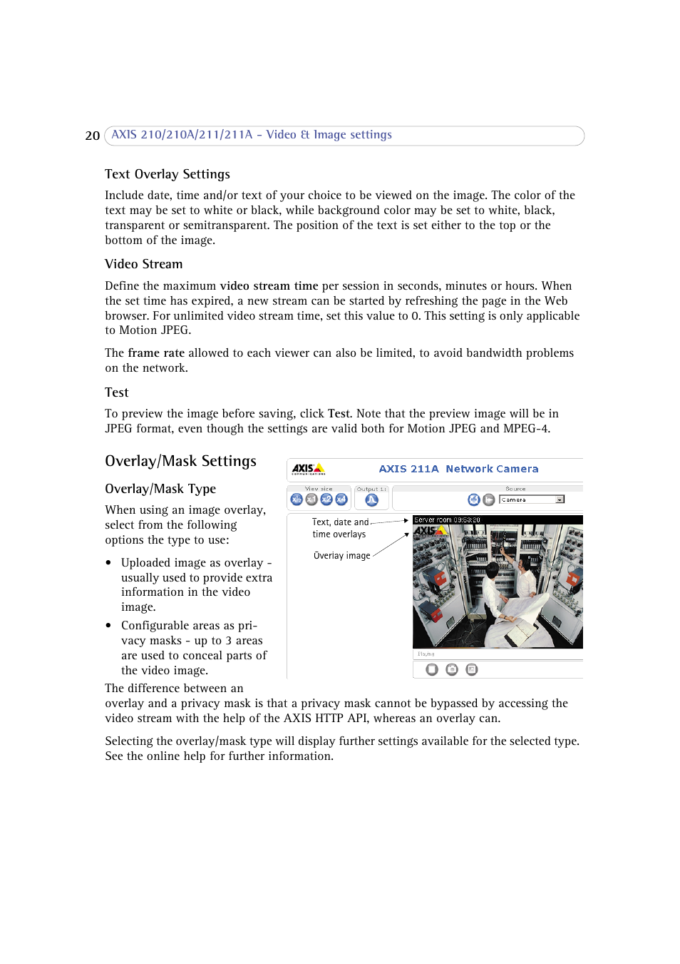 Overlay/mask settings, Overlay / mask settings | Axis Communications 210 User Manual | Page 20 / 66