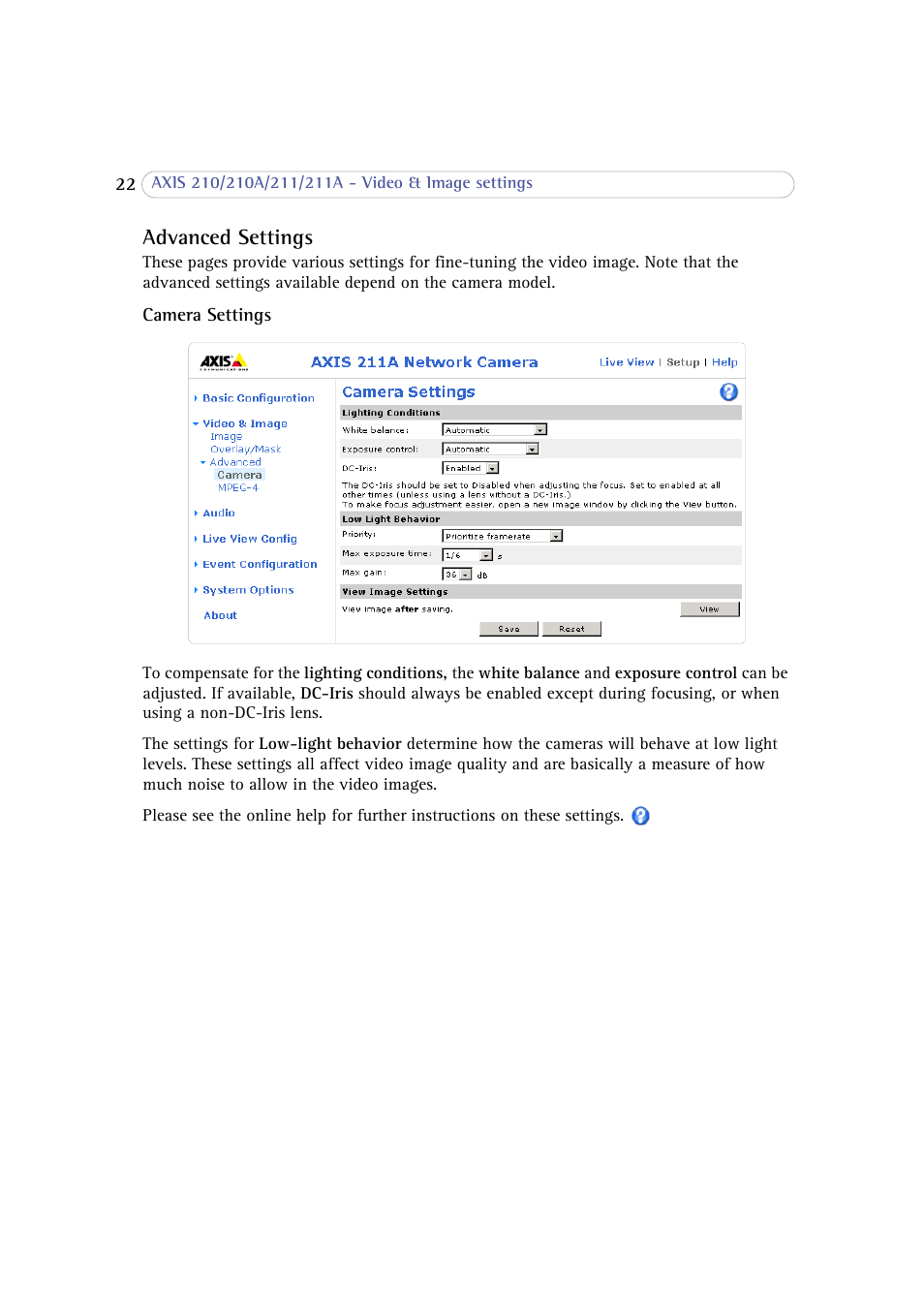 Advanced settings | Axis Communications 210 User Manual | Page 22 / 66