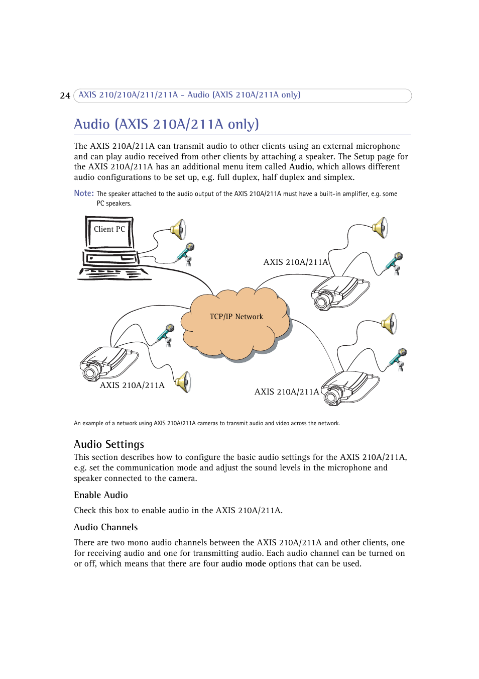 Audio (axis 210a/211a only), Audio settings, Enabled, see | Axis Communications 210 User Manual | Page 24 / 66