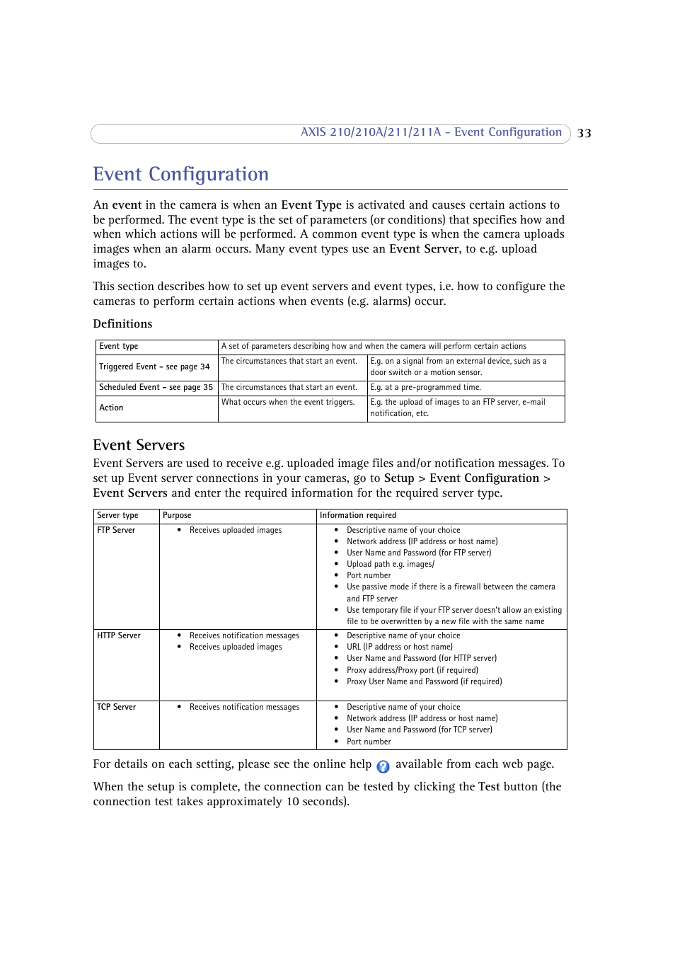 Event configuration, Event servers | Axis Communications 210 User Manual | Page 33 / 66