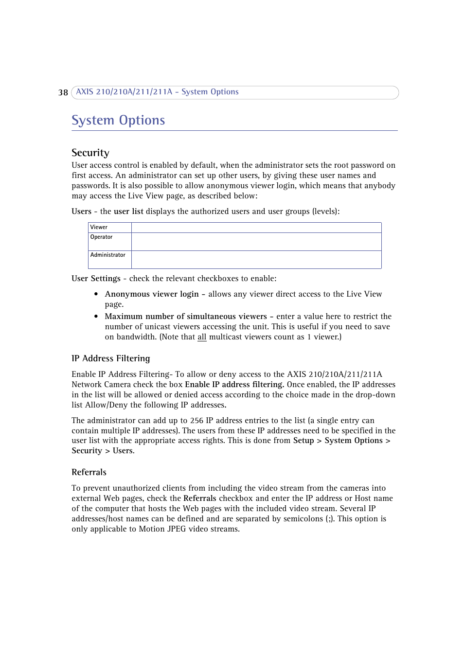 System options, Security | Axis Communications 210 User Manual | Page 38 / 66