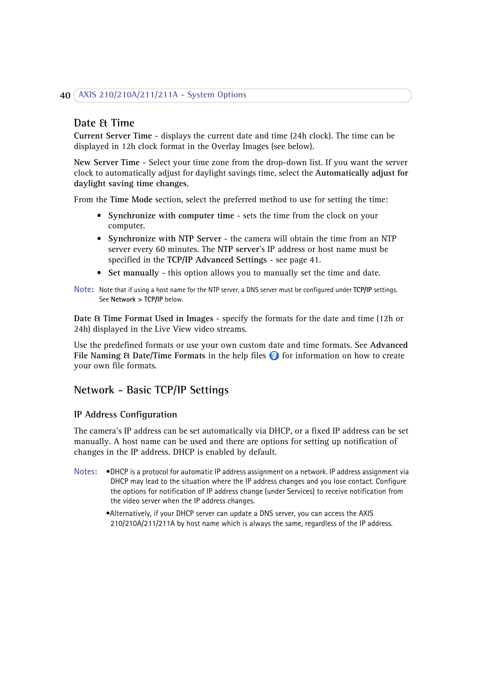 Date & time, Network - basic tcp/ip settings, Date & time network - basic tcp/ip settings | Axis Communications 210 User Manual | Page 40 / 66