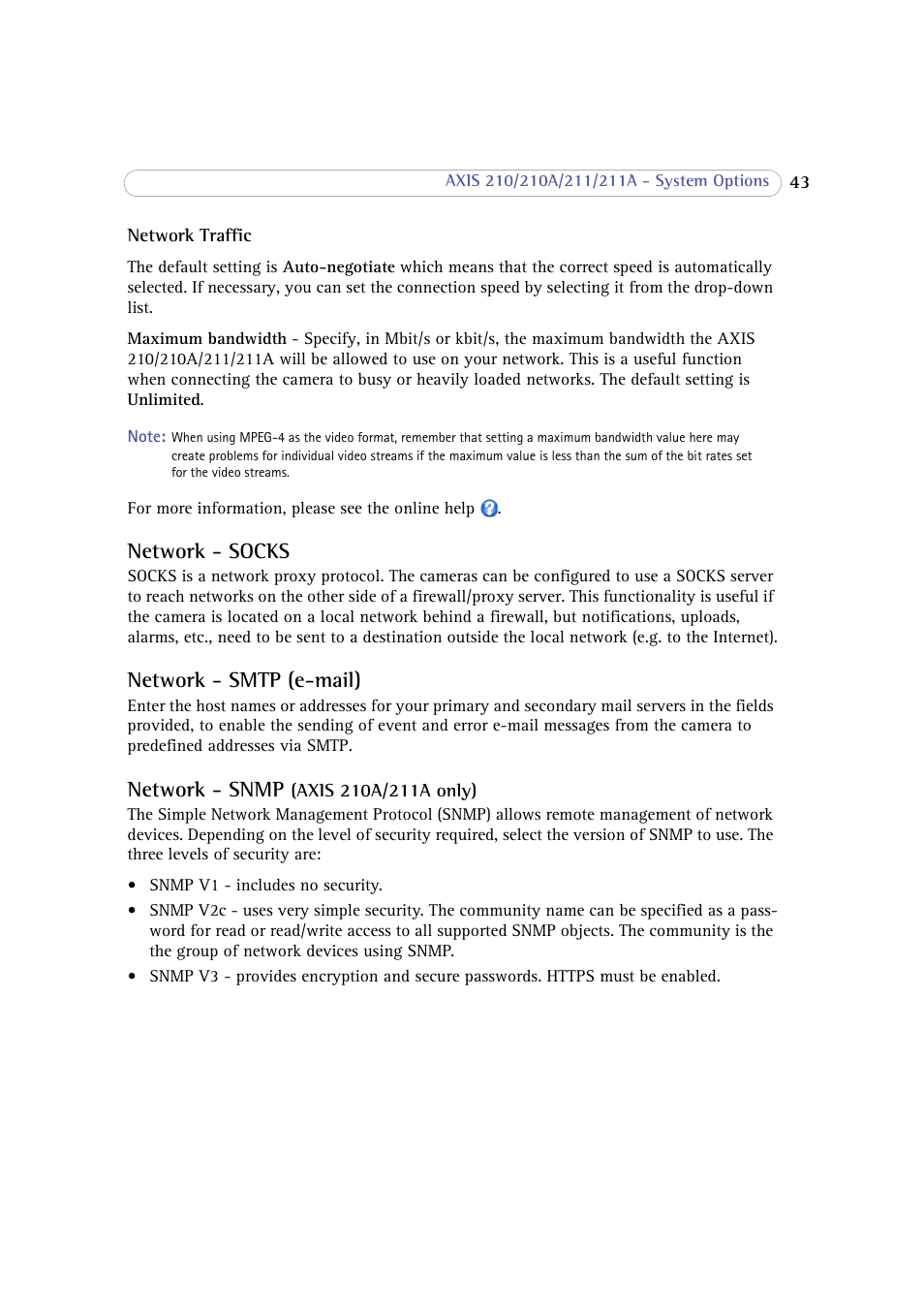 Network - socks, Network - smtp (e-mail), Network - snmp (axis 210a/211a only) | Network - snmp | Axis Communications 210 User Manual | Page 43 / 66