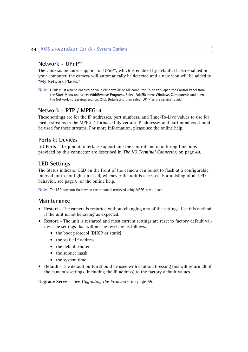 Network - upnp, Network - rtp / mpeg-4, Ports & devices | Led settings, Maintenance | Axis Communications 210 User Manual | Page 44 / 66