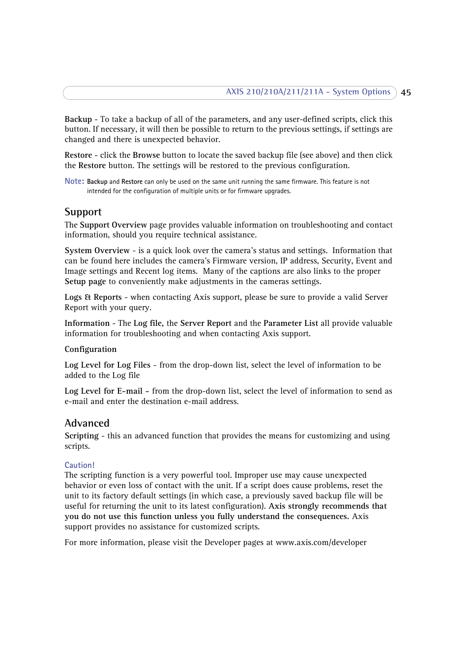 Support, Advanced, Support advanced | Axis Communications 210 User Manual | Page 45 / 66