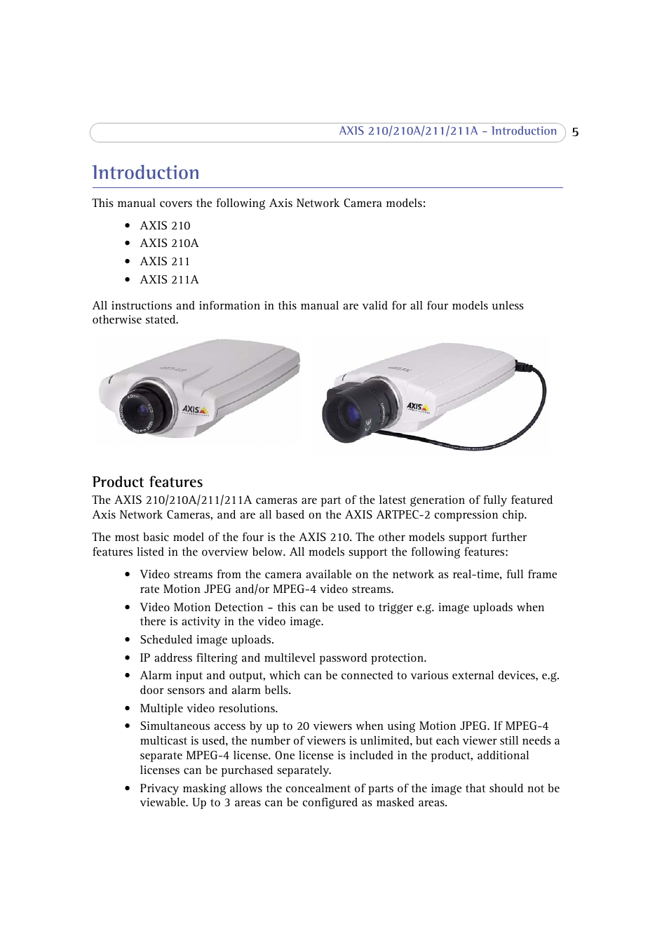 Introduction, Product features | Axis Communications 210 User Manual | Page 5 / 66