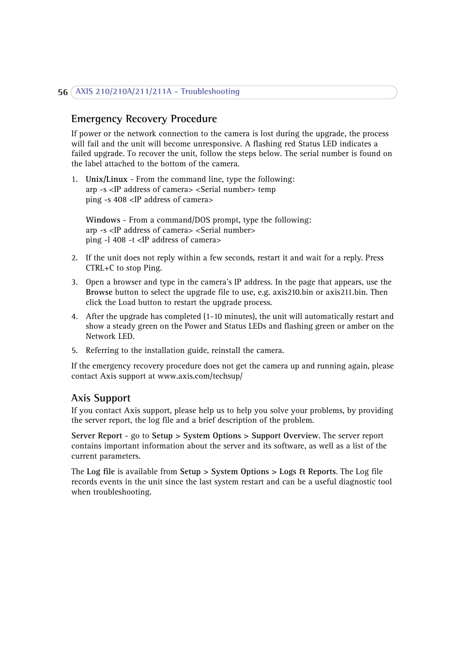 Emergency recovery procedure, Axis support | Axis Communications 210 User Manual | Page 56 / 66