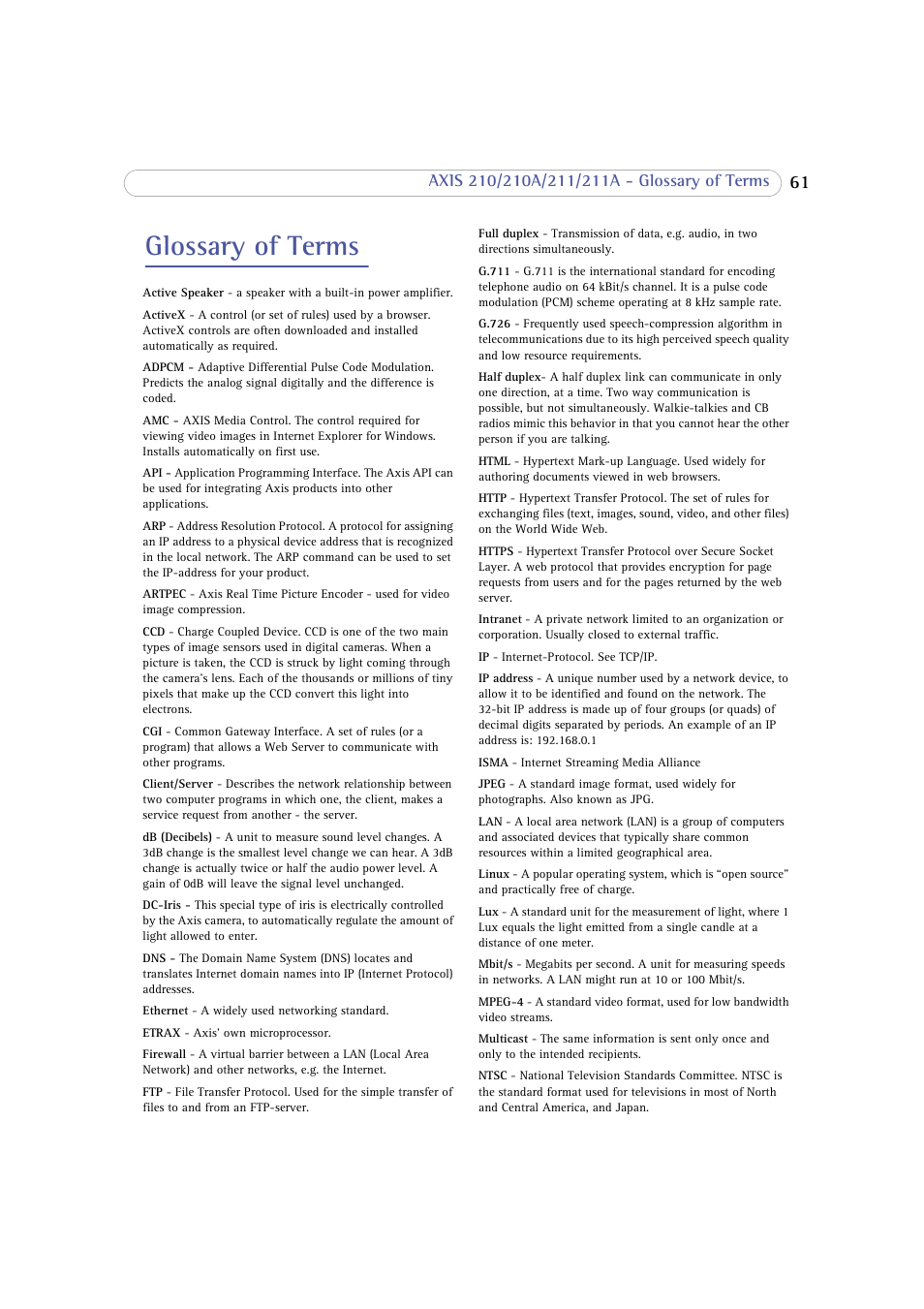 Glossary of terms | Axis Communications 210 User Manual | Page 61 / 66