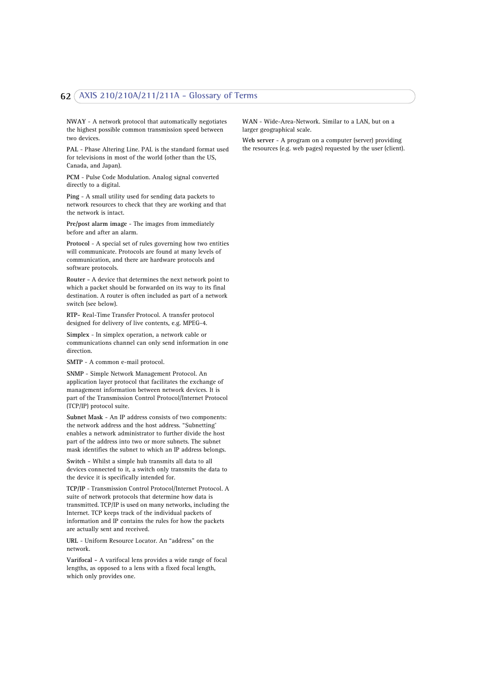 Axis Communications 210 User Manual | Page 62 / 66