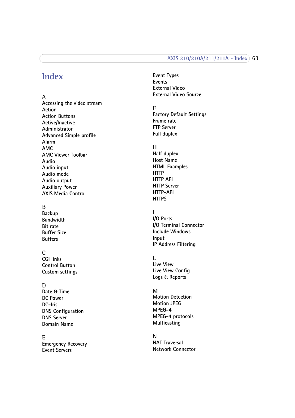 Index | Axis Communications 210 User Manual | Page 63 / 66