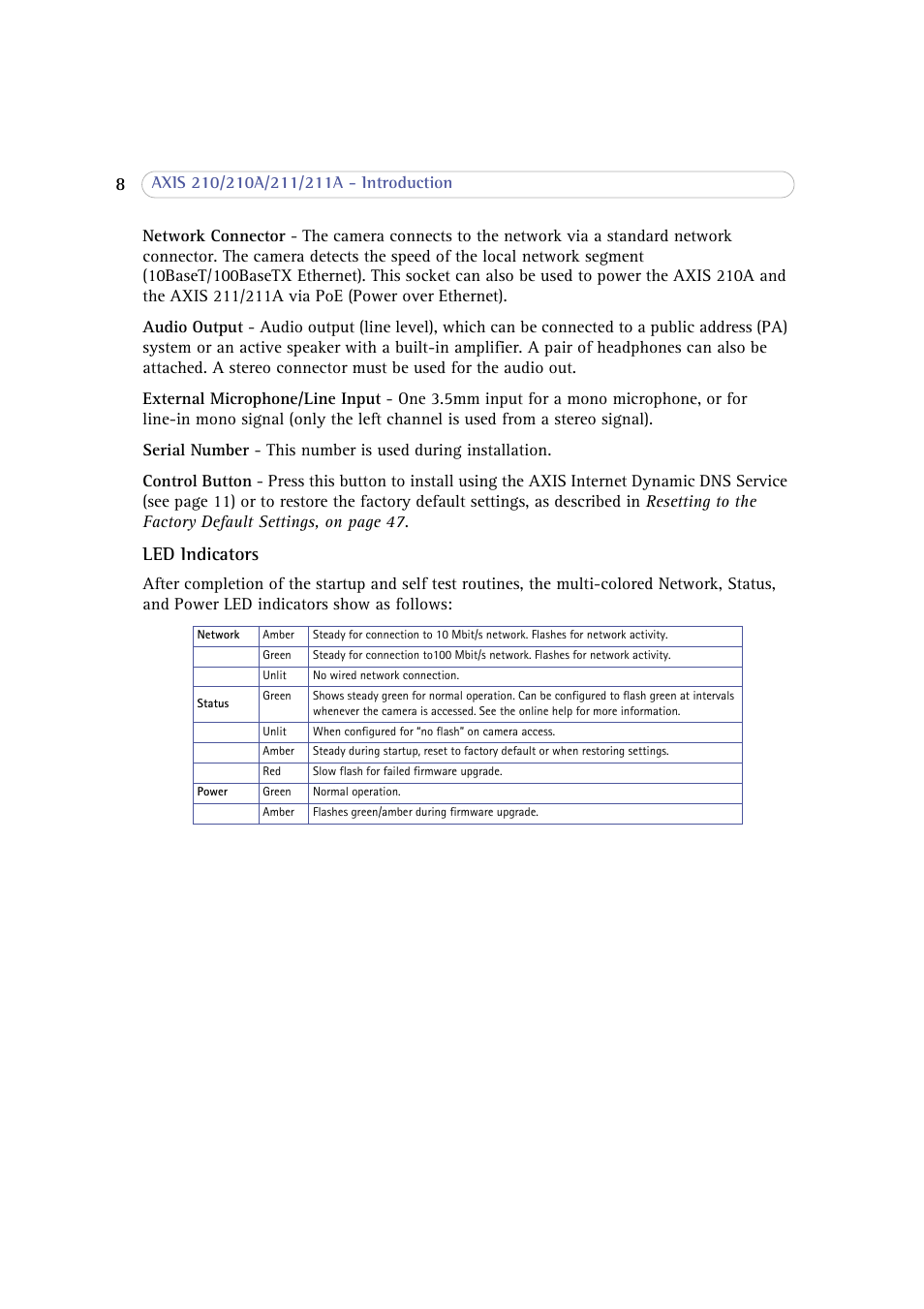 Led indicators | Axis Communications 210 User Manual | Page 8 / 66