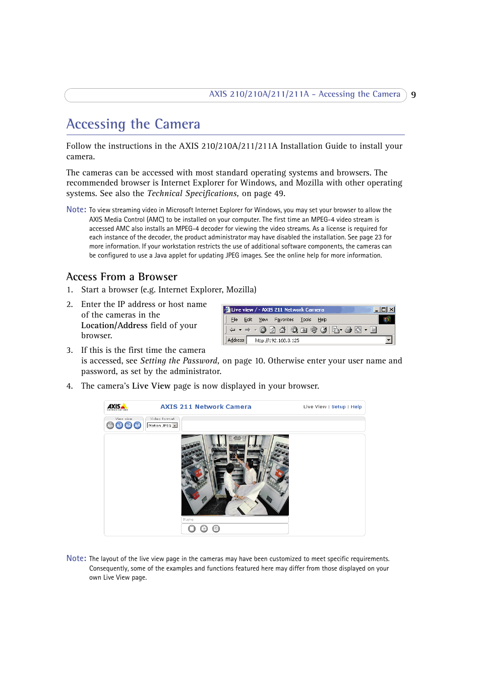Accessing the camera, Access from a browser | Axis Communications 210 User Manual | Page 9 / 66