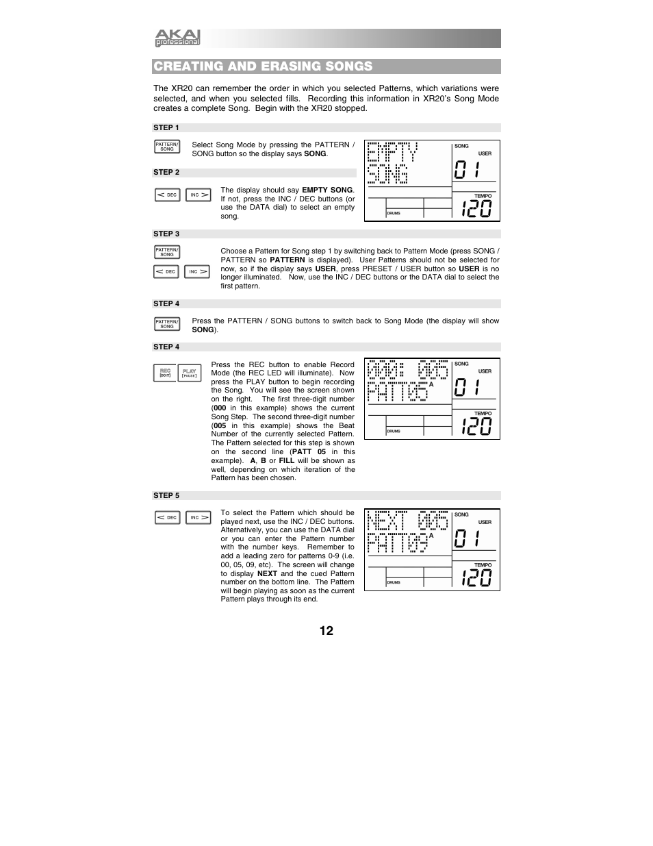 Creating and erasing songs | Akai xr20 User Manual | Page 14 / 76