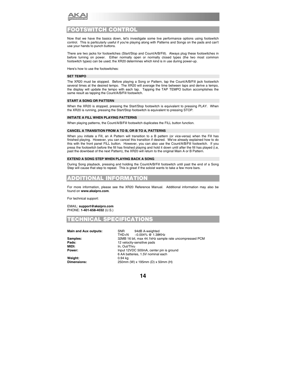 Footswitch control, Additional information, Technical specifications | Akai xr20 User Manual | Page 16 / 76