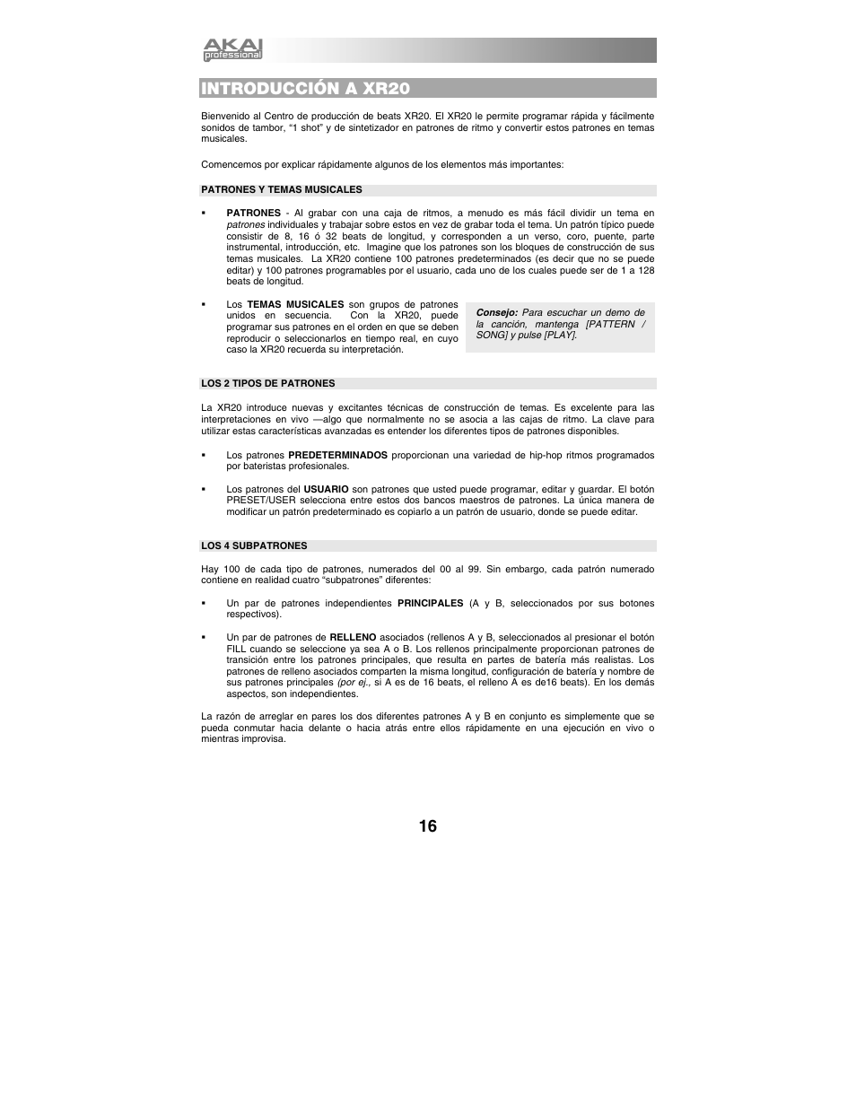 Introducción a xr20, Patrones y temas musicales, Los 2 tipos de patrones | Los 4 subpatrones | Akai xr20 User Manual | Page 18 / 76