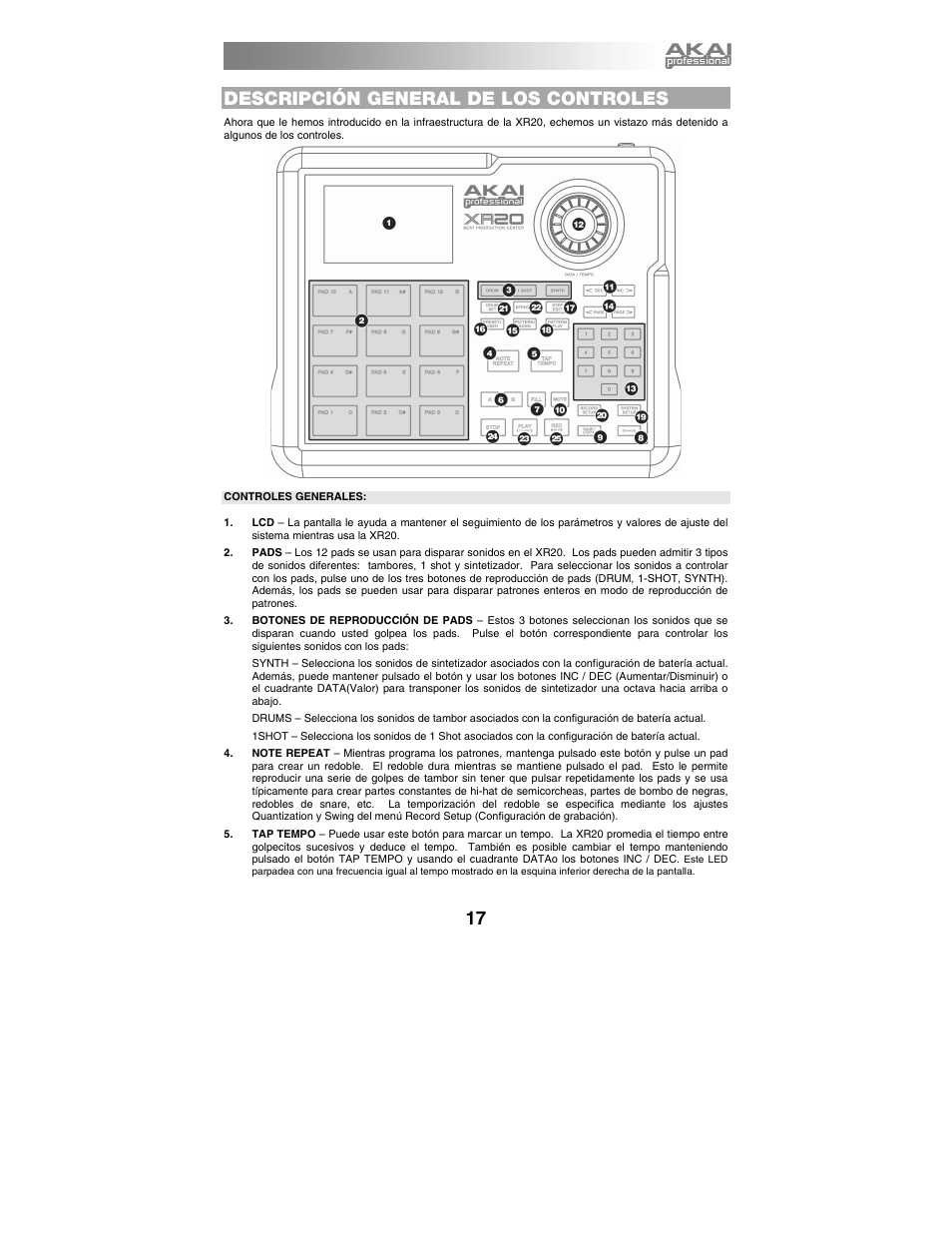 Descripción general de los controles, Controles generales | Akai xr20 User Manual | Page 19 / 76