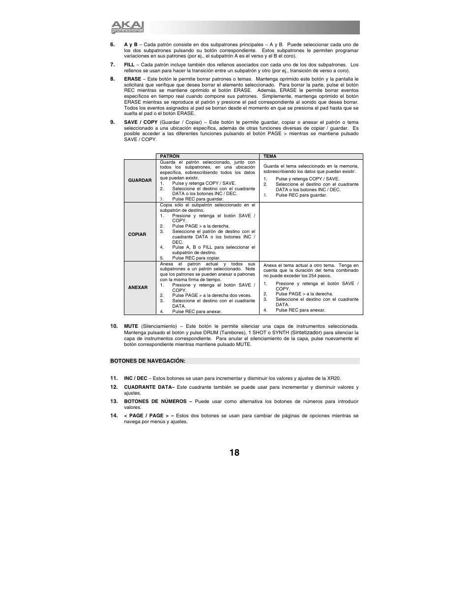 Botones de navegación | Akai xr20 User Manual | Page 20 / 76