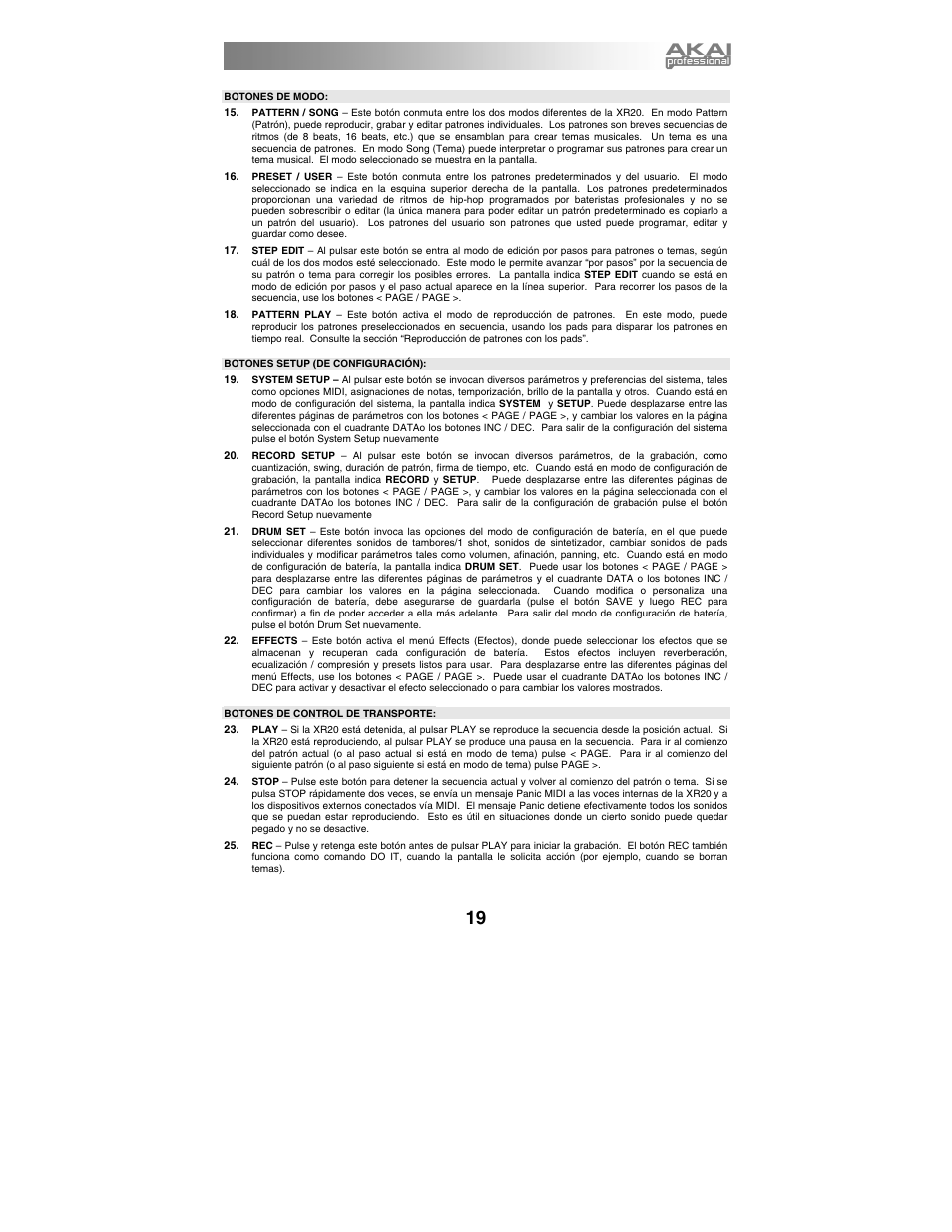 Botones de modo, Botones setup (de configuración, Botones de control de transporte | Akai xr20 User Manual | Page 21 / 76