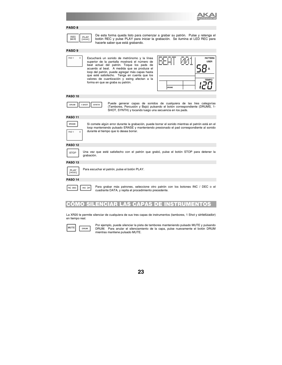 Cómo silenciar las capas de instrumentos | Akai xr20 User Manual | Page 25 / 76