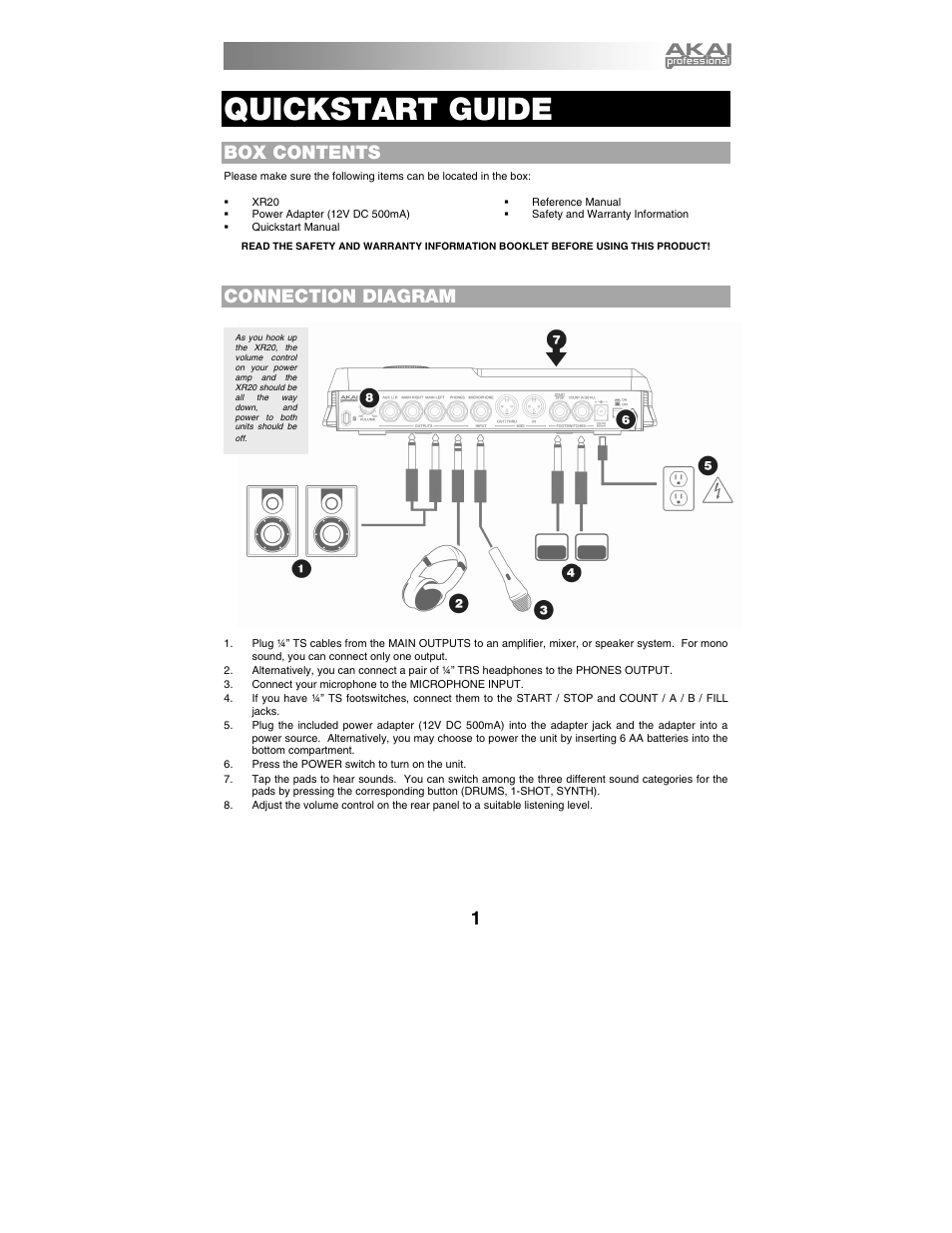 English, Box contents, Connection diagram | Quickstart guide | Akai xr20 User Manual | Page 3 / 76