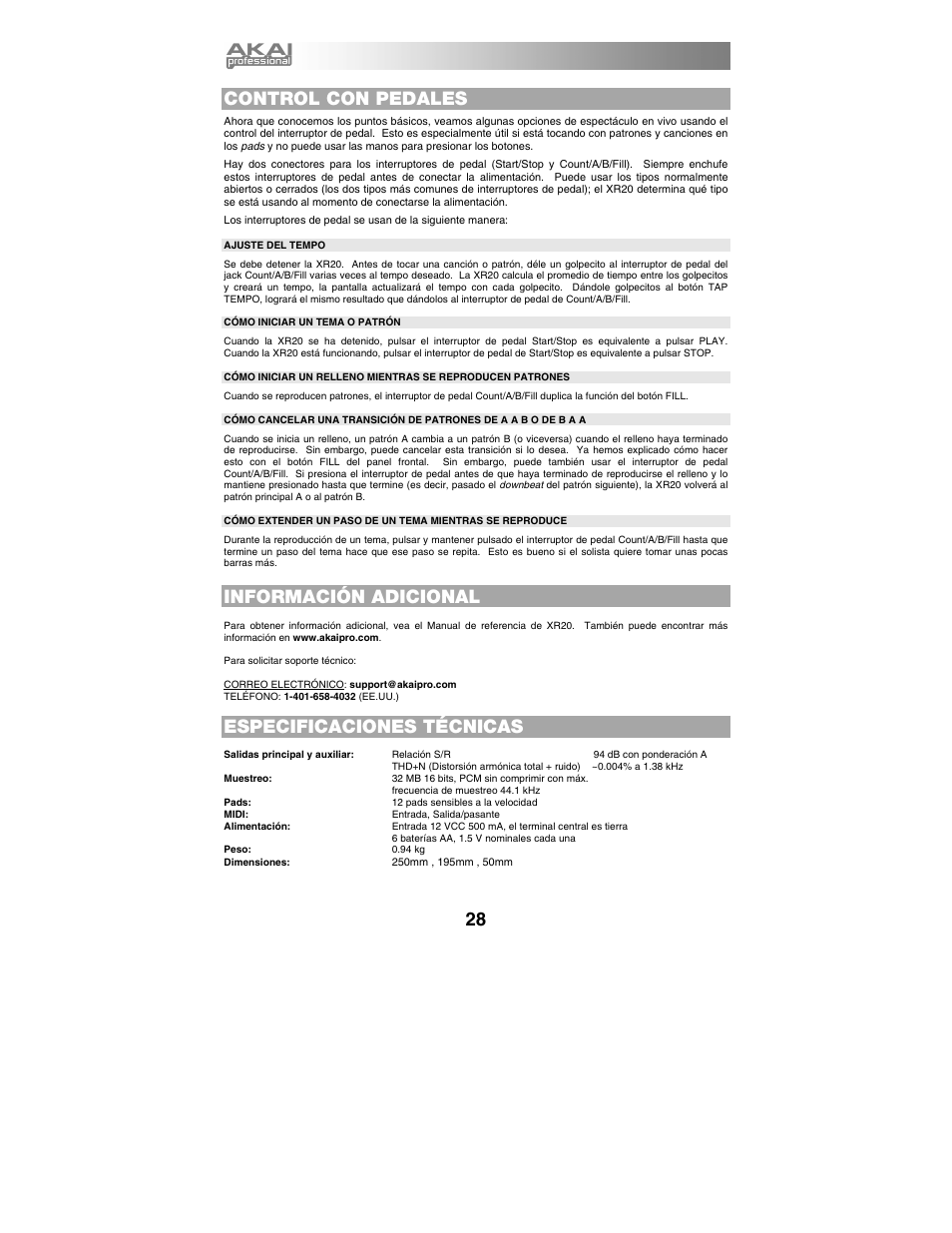 Control con pedales, Información adicional, Especificaciones técnicas | Akai xr20 User Manual | Page 30 / 76