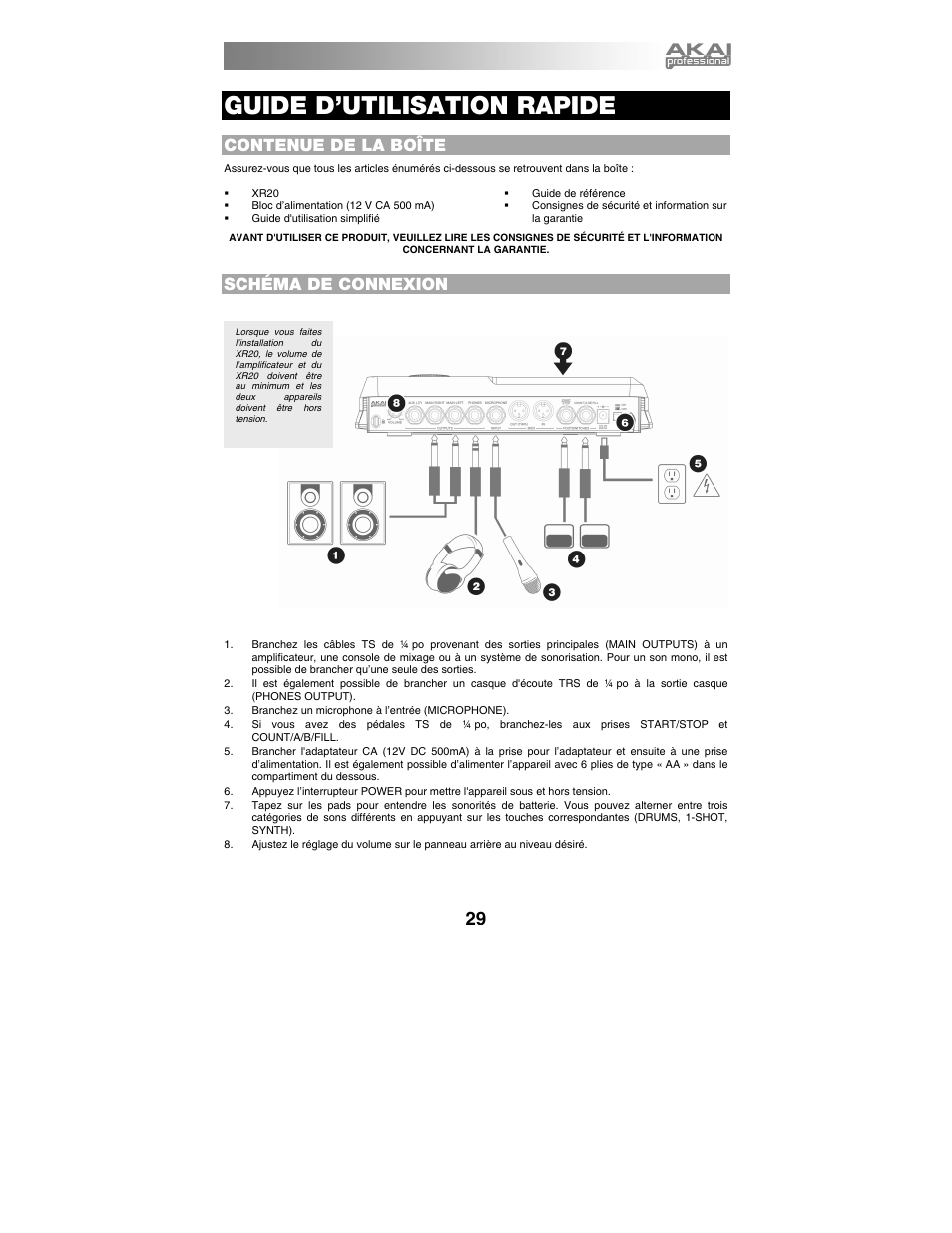 French, Contenue de la boîte, Schéma de connexion | Guide d’utilisation rapide | Akai xr20 User Manual | Page 31 / 76