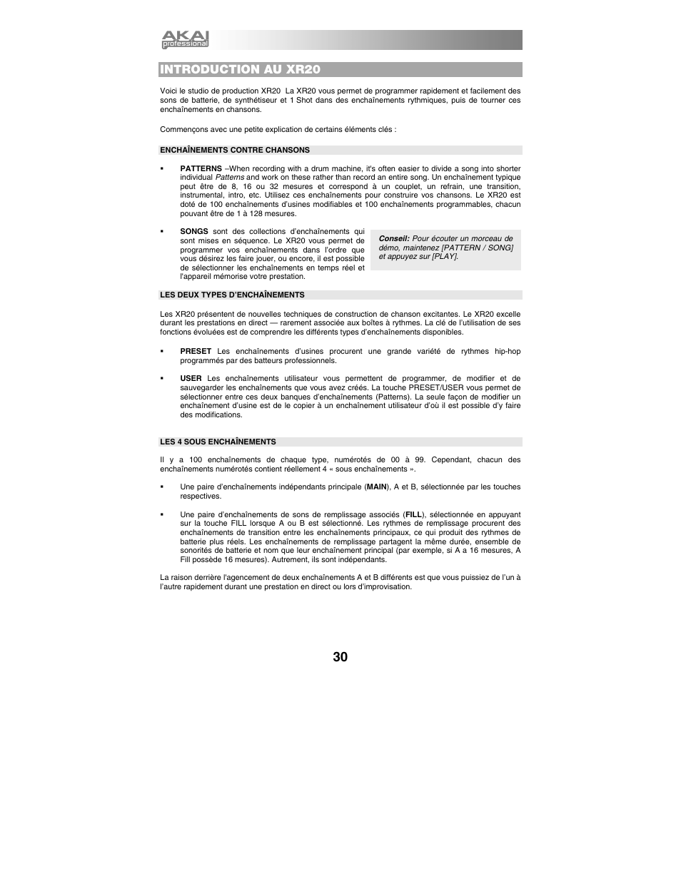 Introduction au xr20, Enchaînements contre chansons, Les deux types d’enchaînements | Les 4 sous enchaînements | Akai xr20 User Manual | Page 32 / 76