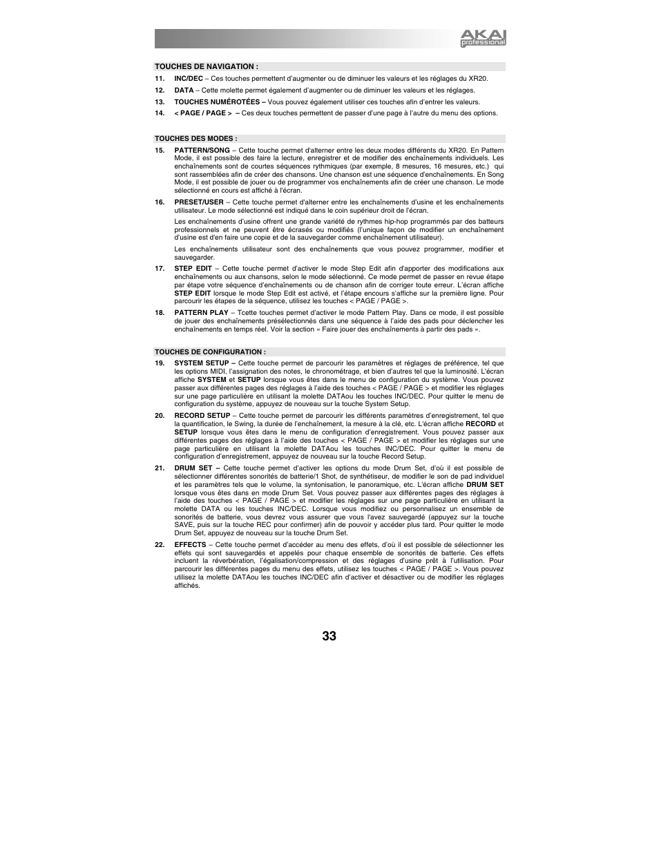 Touches de navigation, Touches des modes, Touches de configuration | Akai xr20 User Manual | Page 35 / 76