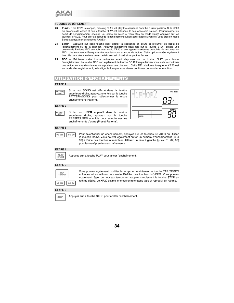 Touches de défilement, Utilisation d’enchaînements | Akai xr20 User Manual | Page 36 / 76