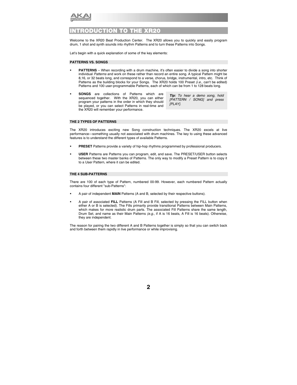 Introduction to the xr20, Patterns vs. songs, The 2 types of patterns | The 4 sub-patterns | Akai xr20 User Manual | Page 4 / 76