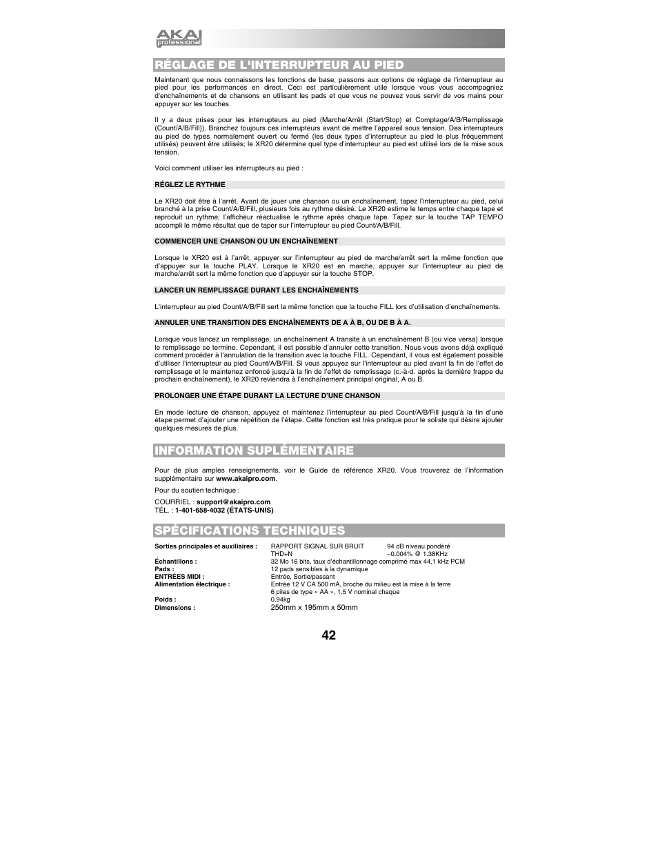 Réglage de l'interrupteur au pied, Information suplémentaire, Spécifications techniques | Akai xr20 User Manual | Page 44 / 76