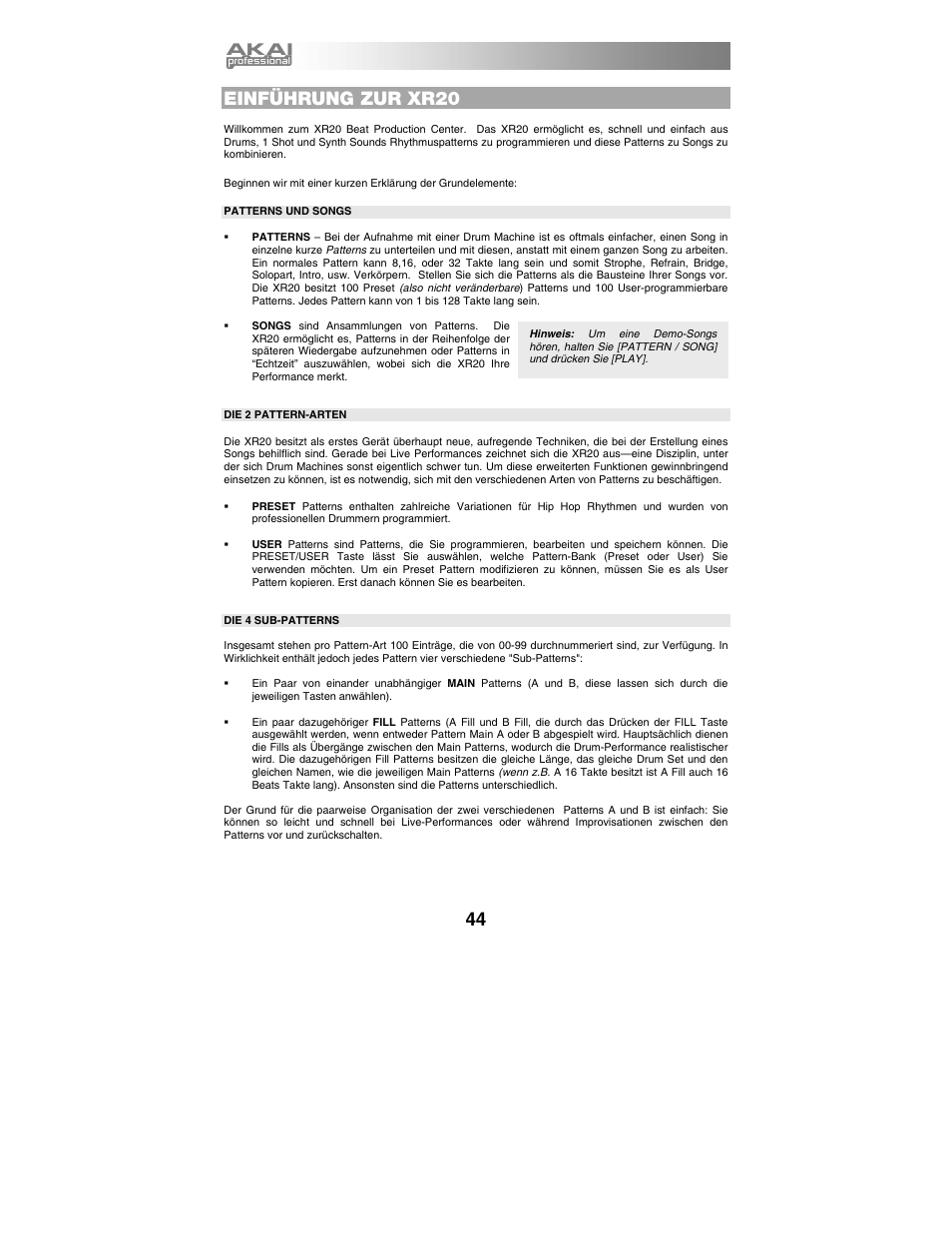 Einführung zur xr20, Patterns und songs, Die 2 pattern-arten | Die 4 sub-patterns | Akai xr20 User Manual | Page 46 / 76