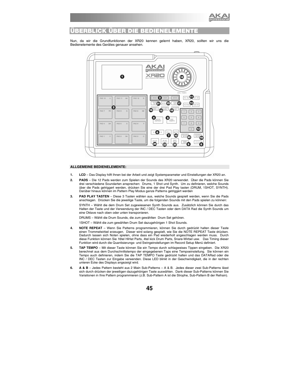 Überblick über die bedienelemente, Allgemeine bedienelemente | Akai xr20 User Manual | Page 47 / 76