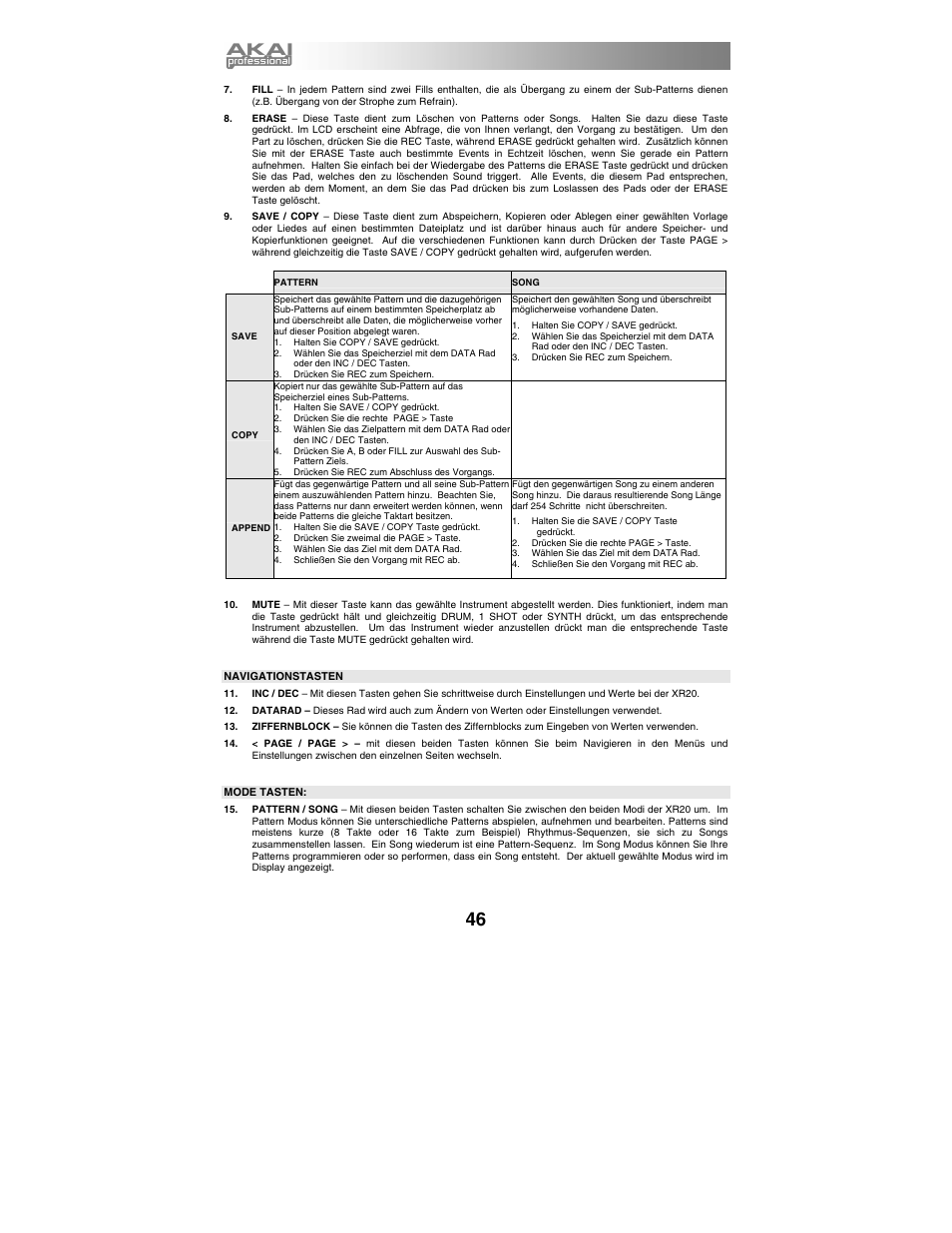 Navigationstasten, Mode tasten | Akai xr20 User Manual | Page 48 / 76