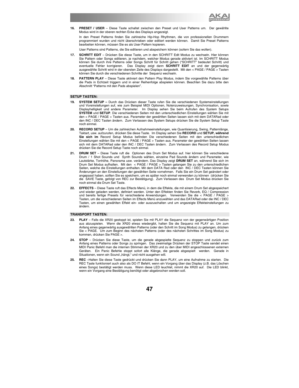 Setup tasten, Transport tasten | Akai xr20 User Manual | Page 49 / 76