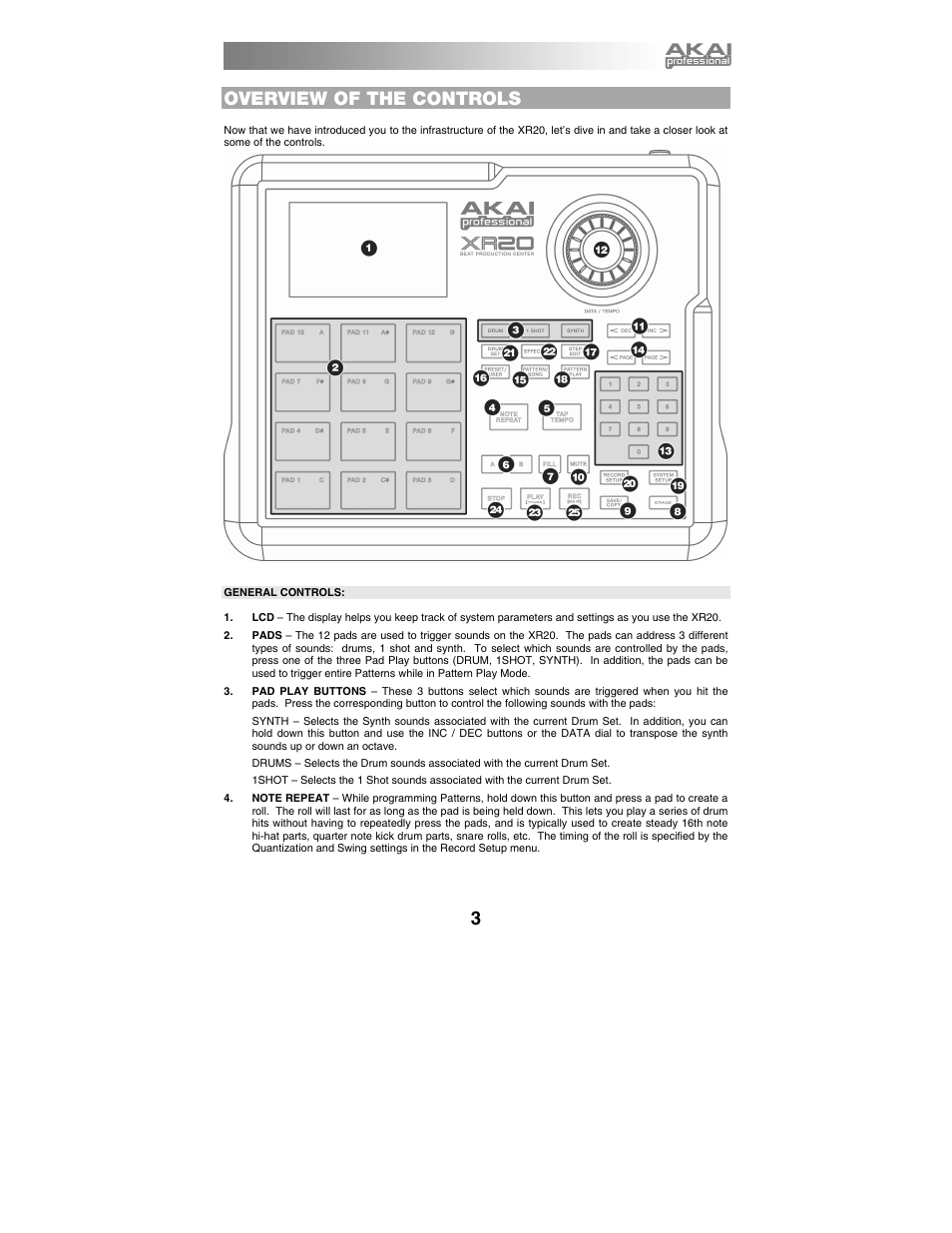 Overview of the controls, General controls | Akai xr20 User Manual | Page 5 / 76