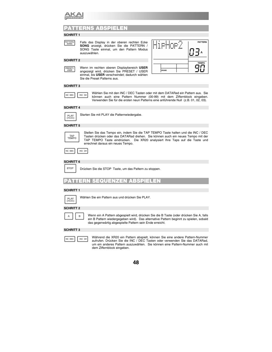 Patterns abspielen, Pattern sequenzen abspielen | Akai xr20 User Manual | Page 50 / 76