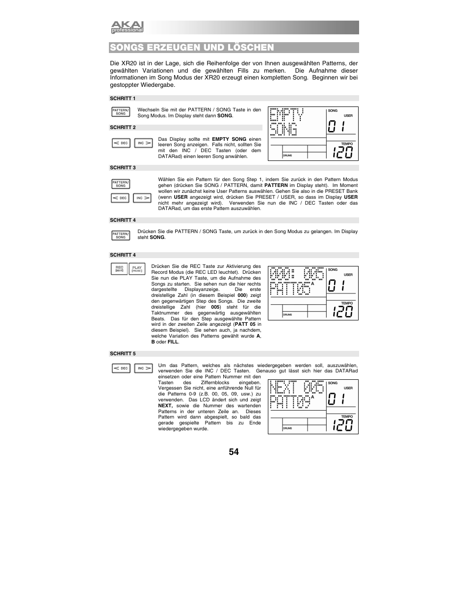 Songs erzeugen und löschen | Akai xr20 User Manual | Page 56 / 76