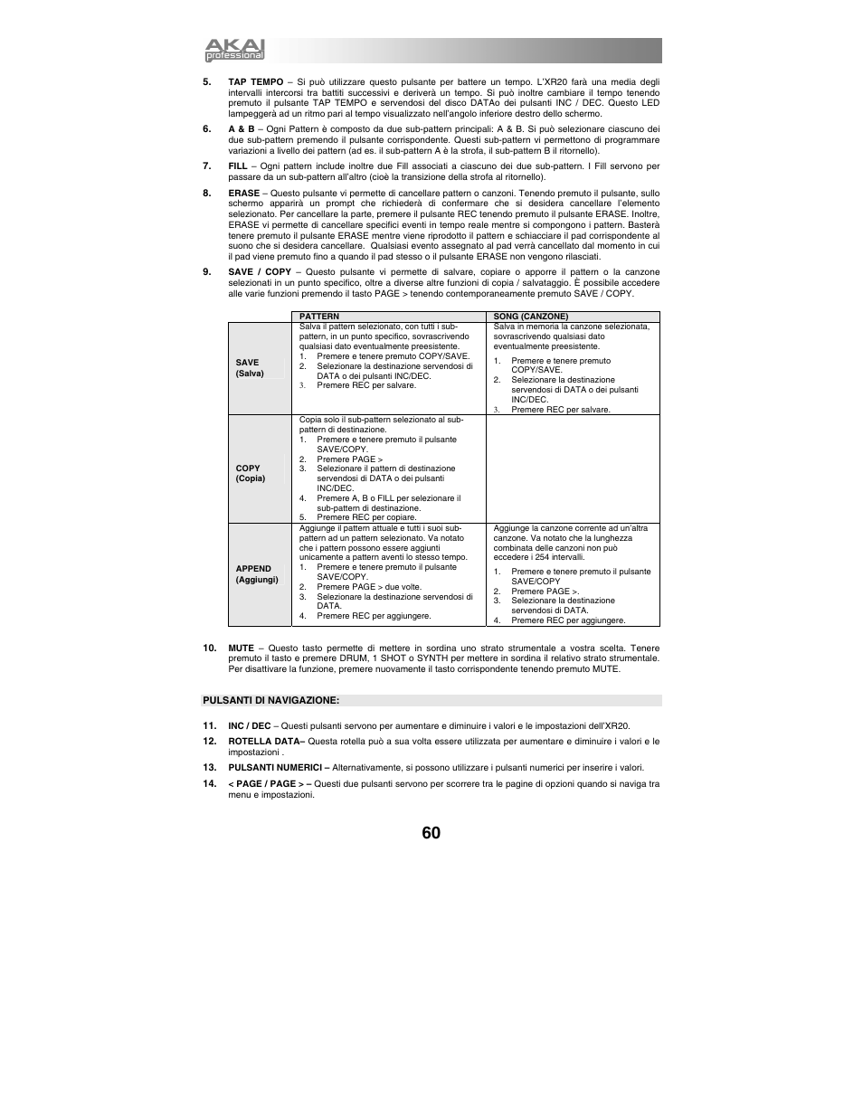 Pulsanti di navigazione | Akai xr20 User Manual | Page 62 / 76