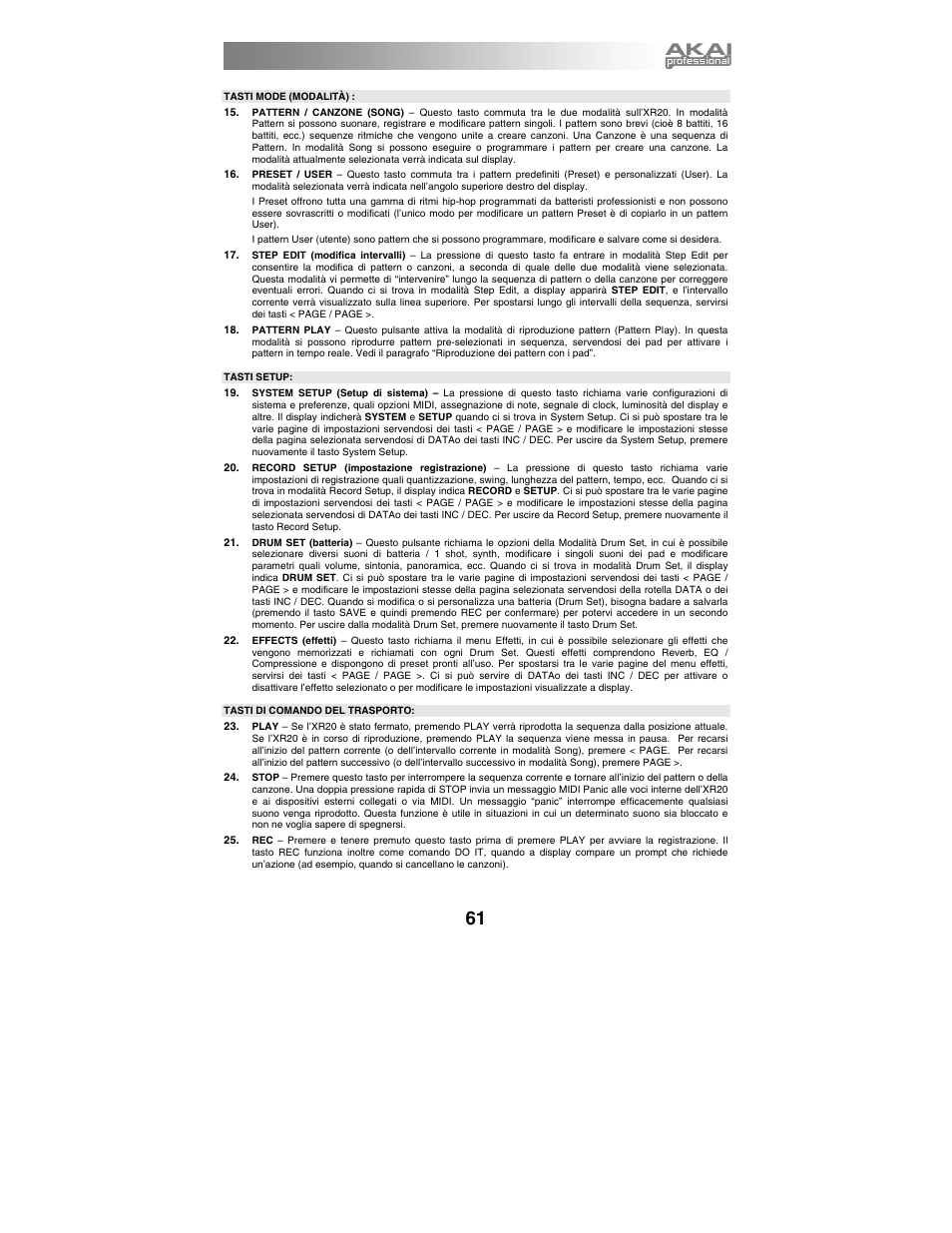 Tasti mode (modalità), Tasti setup, Tasti di comando del trasporto | Akai xr20 User Manual | Page 63 / 76