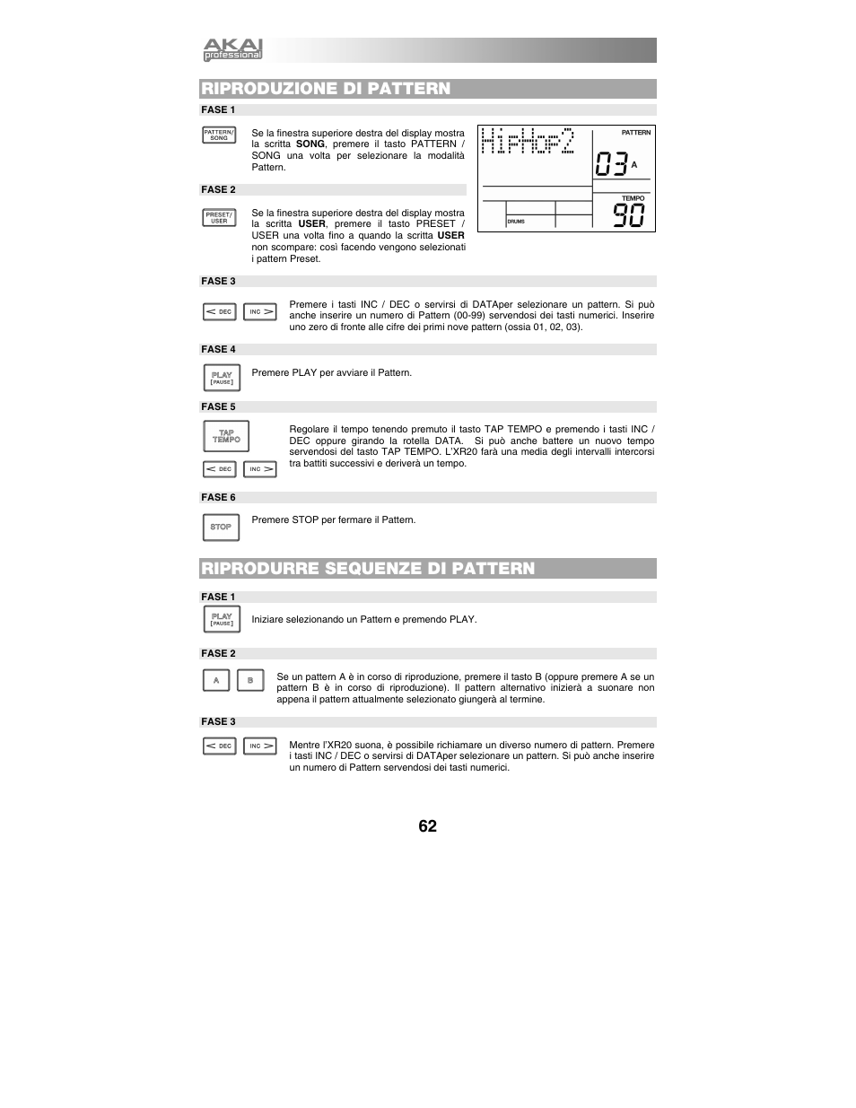 Riproduzione di pattern, Riprodurre sequenze di pattern | Akai xr20 User Manual | Page 64 / 76