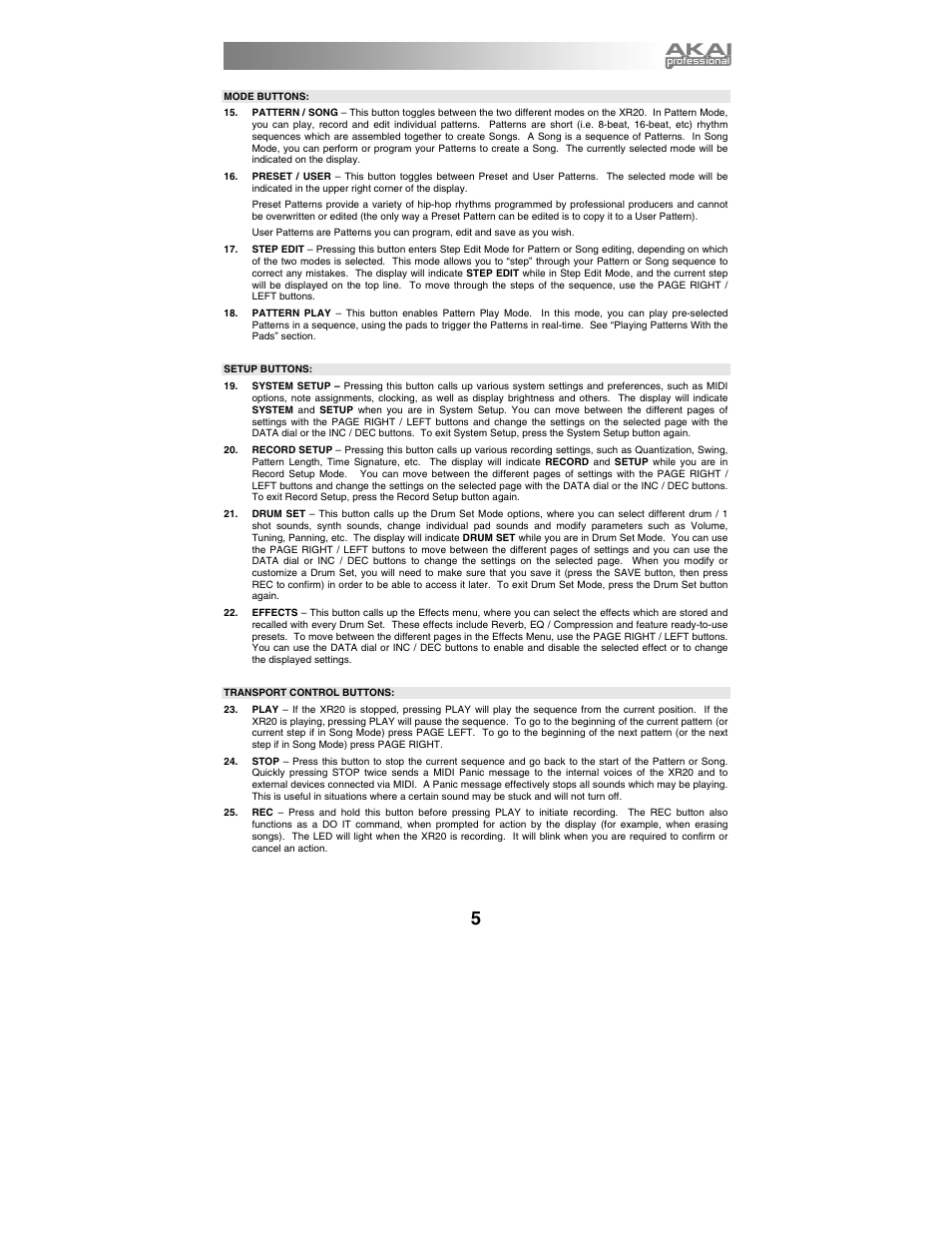 Mode buttons, Setup buttons, Transport control buttons | Akai xr20 User Manual | Page 7 / 76