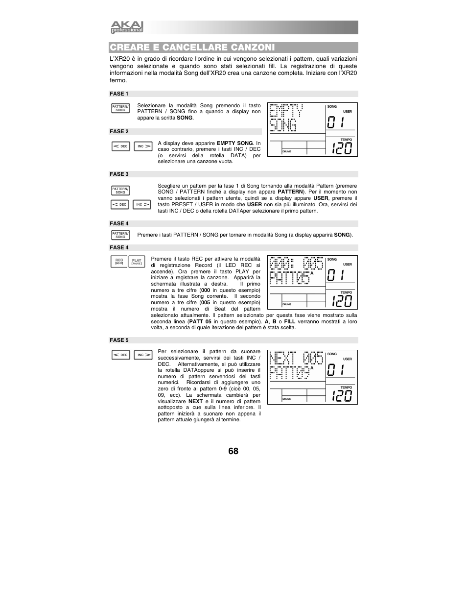 Creare e cancellare canzoni | Akai xr20 User Manual | Page 70 / 76