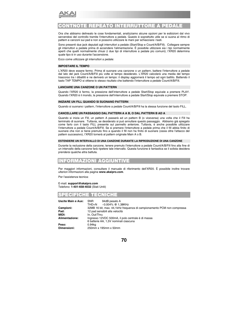 Contnote repeato interruttore a pedale, Informazioni aggiuntive, Specifiche tecniche | Akai xr20 User Manual | Page 72 / 76