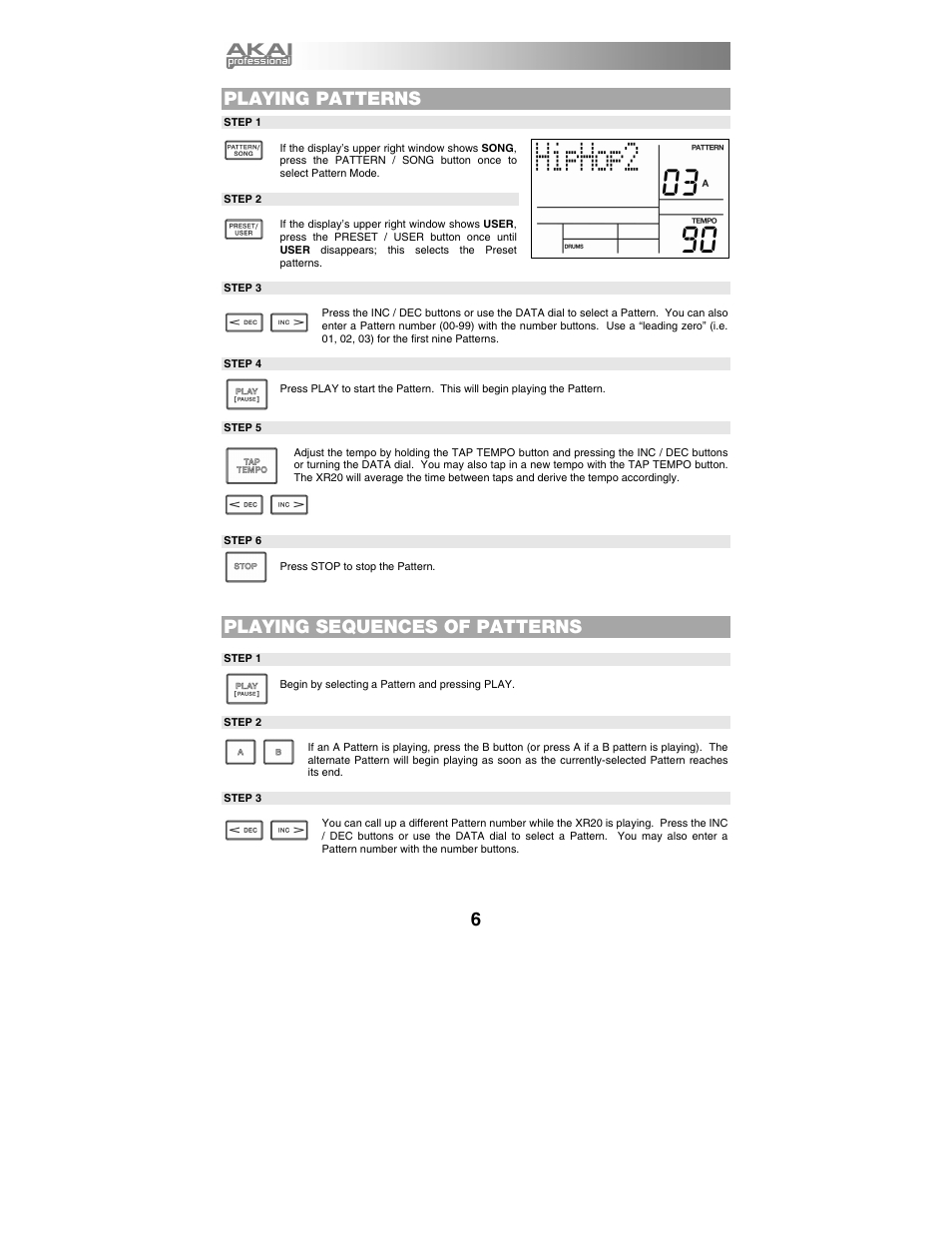 Playing patterns, Playing sequences of patterns | Akai xr20 User Manual | Page 8 / 76