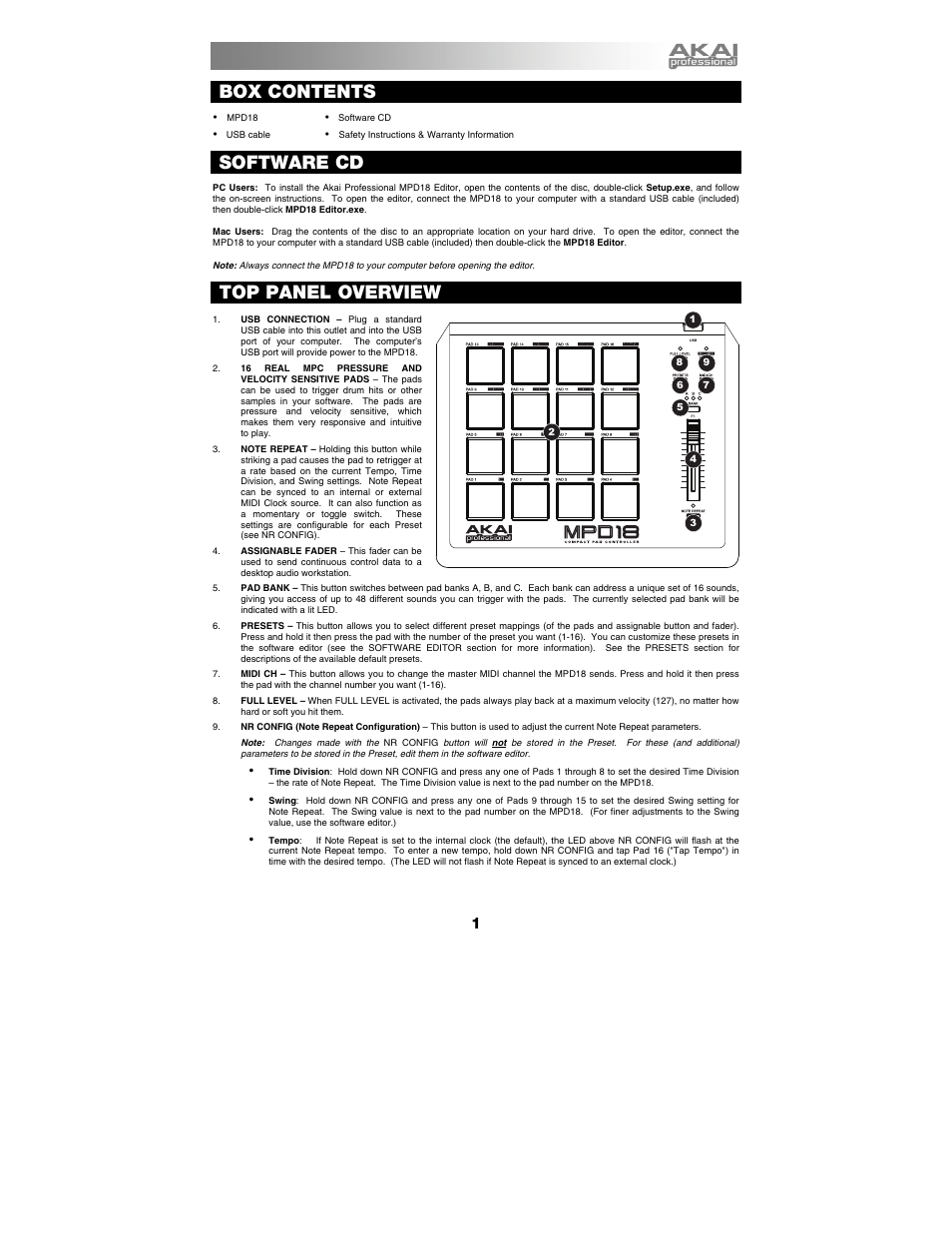 Box contents, Software cd, Top panel overview | Akai MPD18 User Manual | Page 2 / 7
