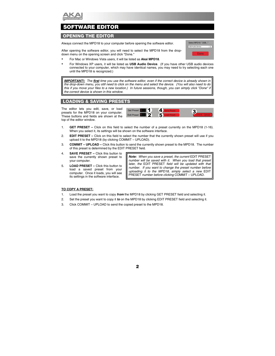 Software editor, Opening the editor, Loading & saving presets | Akai MPD18 User Manual | Page 3 / 7