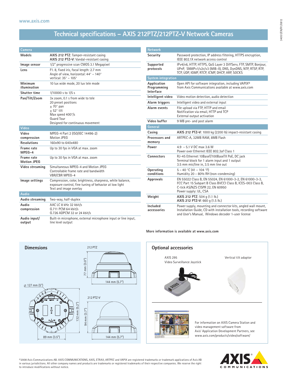Dimensions, Optional accessories | Axis Communications AXIS 212 PTZ User Manual | Page 2 / 2