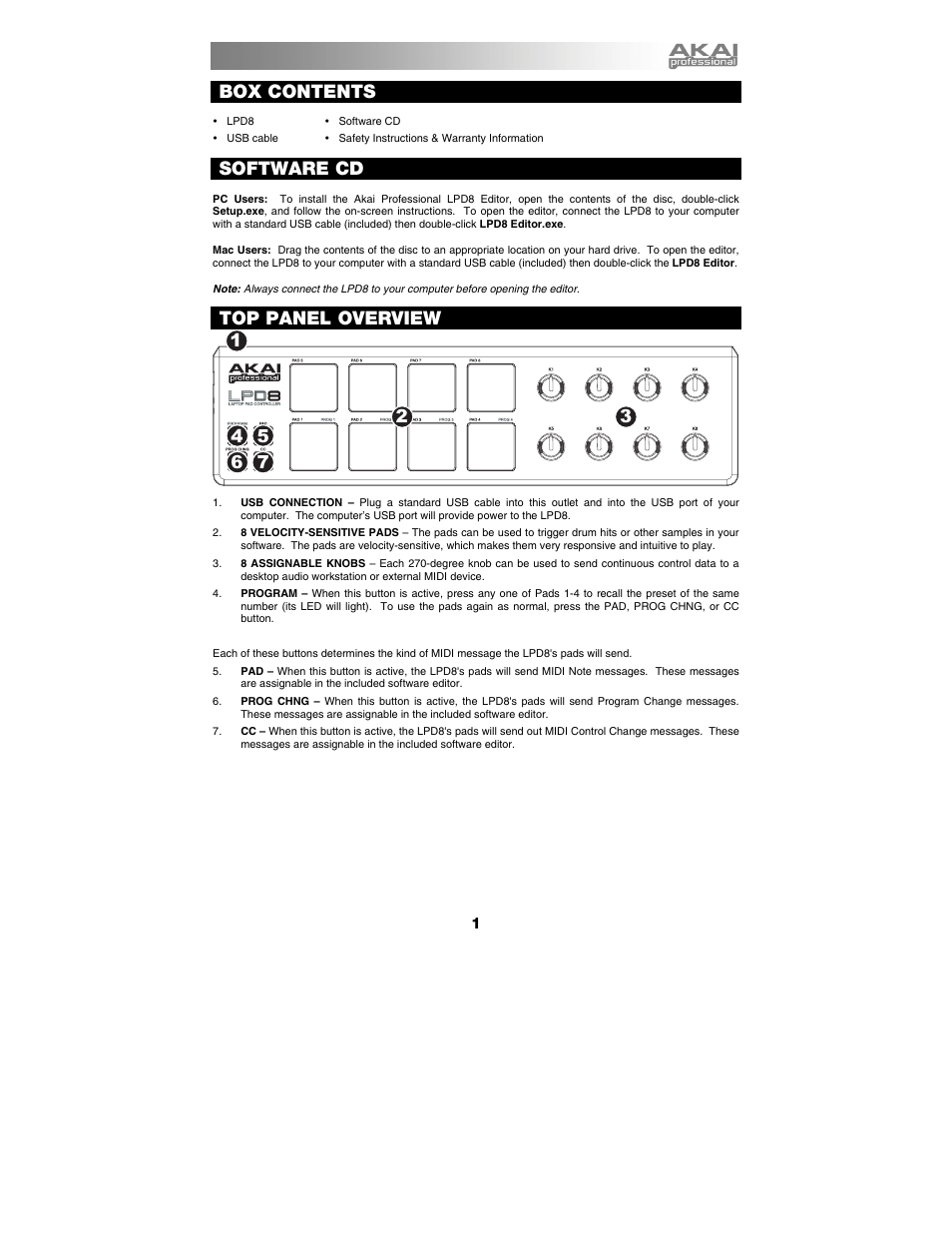 Box contents, Software cd, Top panel overview | Akai LPD8 User Manual | Page 2 / 6