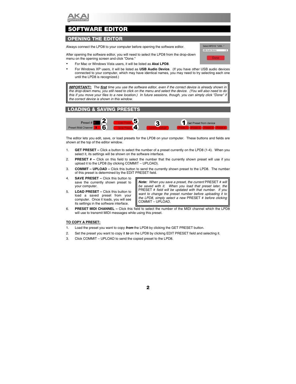 Software editor, Opening the editor, Loading & saving presets | Akai LPD8 User Manual | Page 3 / 6